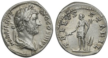 Hadrian (117-138), Denarius, Rome, 134-8. AR ( g 3,39; mm 18; h 7). HADRIANVS AVG COS III P P, Laureate and draped bust r., Rv. TELLVS STABIL, Tellus standing l., holding plow and rake; two grain ears to r. RIC 276; RSC 1427b. Goo
