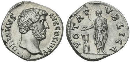 Hadrian (117-138), Denarius, Rome, 134-8. AR (g 3,17; mm 18; h 6). HADRIANVS AVG COS III P P, Bare head r., Rv. VOTA PVBLICA, Hadrian standing l., sacrificing with patera over tripod. RIC 290; RSC 1481. About extremely fine