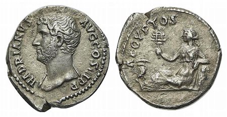 Hadrian (117-138), Denarius, Rome, ca. 134-8. AR (g 2,76; mm 17,5; h 8). HADRIANVS AVG COS III P P, Bare-headed bust l., slight drapery; Rv. AEGYPTOS, Egypt reclining l., holding sistrum and resting arm on basket; at feet to l., i