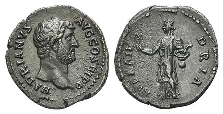 Hadrian (117-138), Denarius, Rome, ca. 134-8. AR (g 3,38; mm 18; h 6). HADRIANVS AVG COS III P P, Bare head r.; Rv. ALEXAN-DRIA, Alexandria standing l., holding sistrum and basket with snake emerging. RIC 300; RSC 154. Near very f