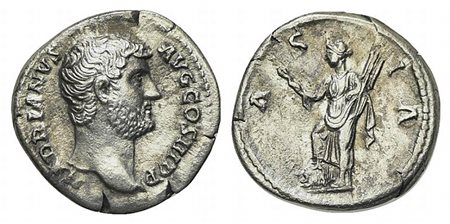 Hadrian (117-138), Denarius, Rome, ca. 134-8. AR (g 3,10; mm 18; h 6). HADRIANVS AVG COS III P P, Bare head r.; Rv. ASIA, Asia standing l., r. foot on prow, holding hook and rudder. RIC 301; RSC 188. Very fine