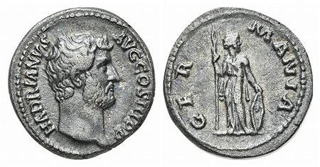 Hadrian (117-138), Denarius, Rome, ca. 134-8. AR (g 3,49; mm 18; h 6). HADRIANVS AVG COS III P P, Bare head r.; Rv. GER-MANIA, Germania standing r., holding spear and shield set on ground. RIC 302; RSC 805. Very fine