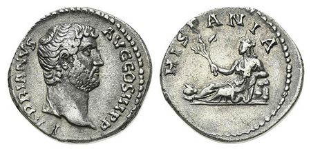 Hadrian (117-138), Denarius, Rome, ca. 134-8. AR (g 3,41; mm 18; h 6). HADRIANVS AVG COS III P P, Bare head r.; Rv. HISPANIA, Hispania reclining l., holding olive branch and resting arm on rock; to r., rabbit r. RIC 306; RSC 834. 