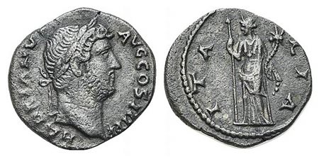 Hadrian (117-138), Denarius, Rome, ca. 134-8. AR (g 2,85; mm 17; h 6). HADRIANVS AVG COS III P P, Laureate head r.; Rv. ITA-LIA, Italia standing l., holding sceptre and cornucopiae. RIC 307; RSC 869. Near very fine