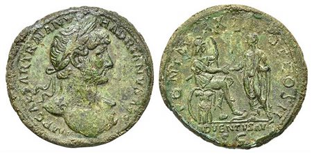 Hadrian (117-138), Sestertius, Rome, AD 118. AE (g 27,06; mm 35; h 5). IMP CAESAR TRAIANVS HADRIANVS AVG, Laureate bust r., with drapery on far shoulder; Rv. PONT MAX TR POT COS II / ADVENTVS AVG / S C, Roma seated r. on cuirass, 