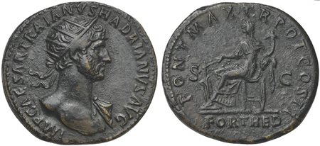 Hadrian (117-138), Dupondius, Rome, AD 118. AE (g 12,59; mm 28; h 6). IMP CAESAR TRAIANVS HADRIANVS AVG, Radiate bust r., with drapery on l. shoulder, Rv. PONT MAX TR POT COS II FORT RED, Fortuna seated l., holding rudder and corn