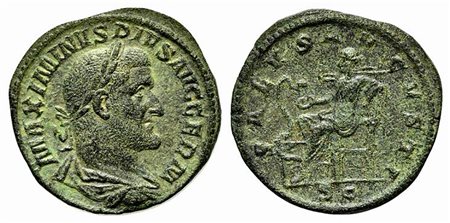 Maximinus I (235-238), Sestertius, Rome, 236-7. AE (g 22,94; mm 32; h 12). MAXIMINVS PIVS AVG GERM, Laureate, draped and cuirassed bust r.; Rv. SALVS AVGVSTI, Salus seated l., feeding from patera a serpent rising from altar with r