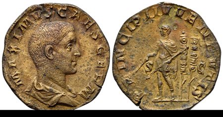 Maximus (Caesar, 235/6-238), Sestertius, Rome, 236-7. AE (g 16,84; mm 30; h 12). MAXIMVS CAES GERM, Bareheaded and draped bust r.; Rv. PRINCIPI IVVENTVTIS, Maximus as Princeps Iuventutis standing l. in military attire and with clo