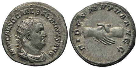 Balbinus (AD 238), Antoninianus, Rome. AR (g 5,33; mm 21; h 6). IMP CAES D CAEL BALBINVS AVG, Radiate, draped and cuirassed bust r.; Rv. FIDES MVTVA AVGG, Clasped right hands. RIC 12; RSC 17. Toned, good very fine