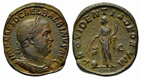 Balbinus (AD 238), Sestertius, Rome. AE (g 20,77; mm 27; h 12). IMP CAES D CAEL BALBINVS AVG, Laureate, draped and cuirassed bust r.; Rv. PROVIDENTIA DEORVM, Providentia standing l., holding cornucopia and wand over globe at her f