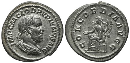 Pupienus (AD 238), Denarius, Rome. AR. IMP C M CLOD PVPIENVS AVG, Laureate, draped and cuirassed bust r.; Rv. CONCORDIA AVGG, Concordia seated l., holding patera and double cornucopia. RIC 1; RSC 6. Toned, good very fine