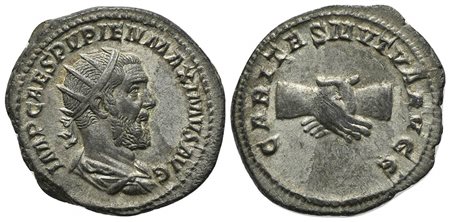 Pupienus (AD 238), Antoninianus, Rome. AR (g 4,94; mm 23; h 12). IMP CAES PVPIEN MAXIMVS AVG, Radiate, draped and cuirassed bust r.; Rv. CARITAS MVTVA AVGG, Clasped right hands. RIC 10a; RSC 4. Good very fine