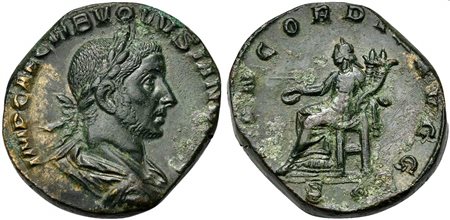 Volusian (251-253), Sestertius, Rome, AD 251-253. AE (g 17,75; mm 28; h 12). IMP CAE C VIB VOLVSIAN[O AVG], Laureate, draped and cuirassed bust r., Rv. CONCORDIA AVGG, Concordia seated l., holding patera and double cornucopia, S -