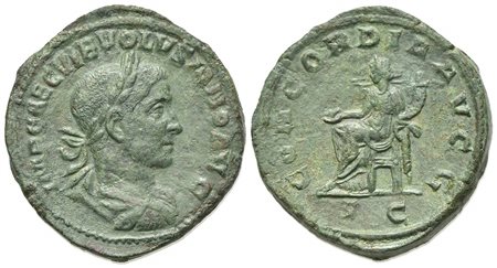 Volusian (251-253), Sestertius, Rome, AD 251-253. AE (g 26,49; mm 31; h 12). IMP CAE C VIB VOLVSIANO AVG, Laureate, draped and cuirassed bust r., Rv. CONCORDIA AVGG, Concordia seated l., holding patera and double cornucopiae; in e