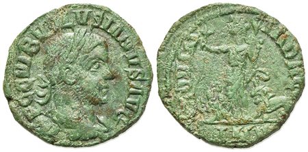 Volusian (251-253), Province of Dacia. AE (g 9,89; mm 25; h 6), year 5 (AD 249/250). Laureate, draped and cuirassed bust r., seen from behind; Rv. Dacia standing l., holding branch and sceptre, emblems of legions V (eagle) and XII