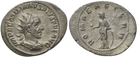 Aemilian (AD 253), Antoninianus, Rome. AE (g 2,93; mm 26; h 12). IMP AEMILIANVS PIVS FEL AVG, Radiate, draped and cuirassed bust r., Rv. ROMAE AETERN, oma standing l., holding phoenix on globe and sceptre; behind, shield to r. RIC
