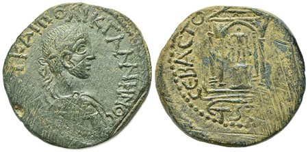 Gallienus (253-268), Pontus, Sebastopolis. AE (g 14,80; mm 29; h 1), year 266 (AD 263/4). AYT KAI ΠO ΛIK ΓAΛΛIHNOC, Laureate, draped and cuirassed bust r. Rv., CEBACTO[ΠO HPAKΛEOΠO], Tetrastyle temple containing statue of Herakles