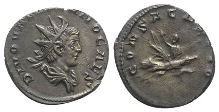 Divus Valerian II (died AD 258), Antoninianus, Colonia Agrippinensis, 258-9. AR (g 3,10; mm 21,5; h 10). DIVO VAL[ERIA]NO CAES, Radiate and draped bust r.; Rv. CONSECR[ATI]O, Valerian, holding sceptre, astride eagle flying r. RIC 