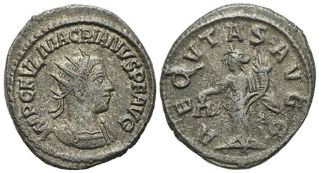 Macrianus (Usurper, 260-261), Antoninianus, Antioch (g 4,00; mm 22; h 12). IMP C F VL MACRIANVS P F AVG, Radiate and cuirassed bust r.; Rv. AEQVTAS AVGG, Aequitas standing facing, head l., holding scales and cornucopia. field. RIC