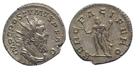 Postumus (260-269), Antoninianus, Treveri, AD 262. AR (g 3,50; mm 21; h 1). IMP C POSTVMVS P F AVG, Radiate, draped and cuirassed bust r.; Rv. HERC PACIFERO, Hercules standing l., holding club and lion’s skin in l. hand and olive 
