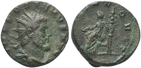 Postumus (260-269), Antoninianus, Mediolanum, AD 267. AE (g 5,01; mm 20; h 6). IMP POSTVMVS AVG, Radiate, draped and cuirassed bust r., Rv. [FIDES A]EQVIT, Fides seated l., holding patera and standard. RIC 376. Very fine