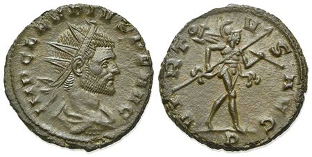 Claudius II (268-270), Antoninianus, Mediolanum, AD 269. AE (g 4,53; mm 19; h 6). IMP CLAVDIVS P F AVG, Radiate, draped and cuirassed bust r. R/ VIRTVS AVG, Mars advancing r., holding trophy with l. hand and transverse spear with 