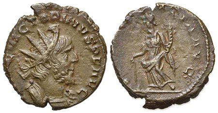 Victorinus (269-271), Antoninianus, Colonia Agrippinensis, AD 271. AE (g 3,04; mm 18; h 6). IMP C VICTORINVS P F AVG, Radiate head r.; Rv. PROVIDENTIA AVG, Providentia standing facing, head l., holding baton and cornucopia; globe 