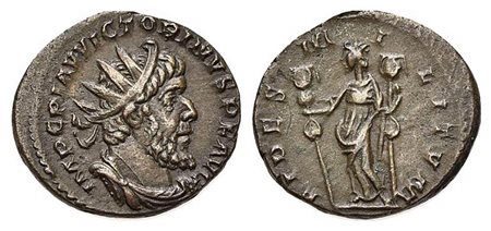 Victorinus (269-271), Antoninianus, Treveri, late AD 269 (g 3,51; mm 19,5; h 12). IMP C PI AV VICTORINVS P F AVG, Radiate, draped and cuirassed bust r.; Rv. FIDES MILITVM, Fides standing facing, holding two signa. RIC 109. Very fi