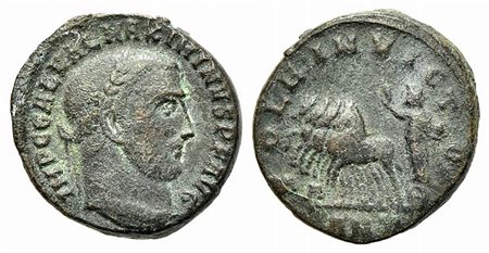 Maximinus II Daia (310-313), Follis, Antioch, AD 310. AE (g 6,28; mm 20; h 11). IMP C GAL VAL MAXIMINVS P F AVG, Laureate head r.; Rv. SOLE INVICTO, Sol in galloping quadriga l., raising hand and holding globe; I//ANT. RIC 142. Go