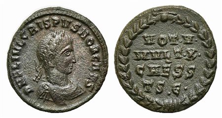 Crispus (Caesar, 316-326), Follis, Thessalonica, c. AD 320. AE (g 2,82; mm 17,5; h 4). D N FL IVL CRISPVS NOB CAES, Laureate, draped and cuirassed bust r.; Rv. VOT V MVLT X CAESS TS•Є• in four lines within wreath. RIC VII 38. Scar
