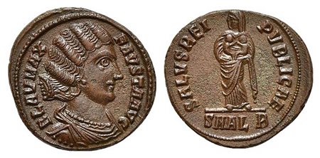 Fausta (Augusta, 324-326), Follis, Alexandria, 325-6. AE (g 3,24; mm 19,5; h 11). FLAV MAX FAVSTA AVG, Pearl-diademed, draped bust r., wearing a pearl necklace; Rv. SALVS REI PVBLICAE, Empress standing facing, head l., holding two