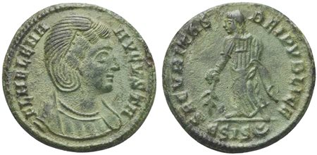 Helena (Augusta, 324-328/30), Follis, Siscia, 328-9. AE (g 2,83; mm 19; h 6). FL HELENA AVGVSTA, Diademed and draped bust r., Rv. SECVRITAS REI PVBLICAE, Securitas standing l., holding olive branch; ESIS-double crescent. RIC 218. 