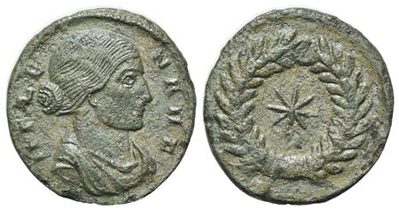 Helena (Augusta, 324-328/30), Follis, Thessalonica, AD 318-319. AE (g 2.58, mm 17, h 12). HELENA N F, Draped bust r.; Rv. Eight-rayed star within laurel wreath with large central jewel at top. RIC 50. Green patina, very fine