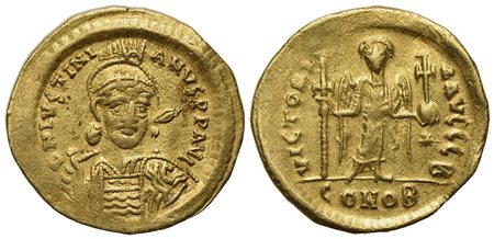Justinian I (527-565); AV Solidus (g 4,49; mm 21; h 6); Constantinople, 527-538. Helmeted and cuirassed bust facing slightly r., holding spear and shield; Rv. Angel standing facing, holding globus cruciger and cross; star to r.; B