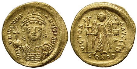 Justinian I (527-565); AV Solidus (g 4,48; mm 21; h 6); Constantinople, 538-545; Helmeted and cuirassed bust facing, holding globus cruciger and shield decorated with soldier on horseback riding r.; Rv. Angel standing facing, hold