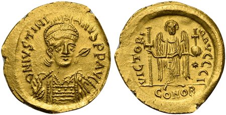 Justinian I (527-565); AV Solidus (g 4,11; mm 22; h 6); Constantinople, 538-545; Helmeted and cuirassed bust facing, holding globus cruciger and shield decorated with soldier on horseback riding r.; Rv. Angel standing facing, hold