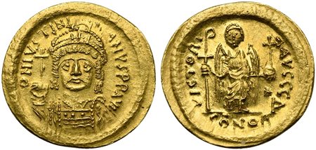 Justinian I (527-565); AV Solidus (g 4,52; mm 21; h 6); Constantinople, 545-565; Helmeted and cuirassed bust facing, holding globus cruciger and shield; Rv. Angel standing facing, holding staff terminating in Christogram and globu