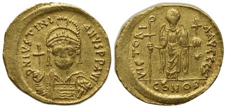 Justinian I (527-565); AV Solidus (g 4,47; mm 21; h 7); Constantinople, 545-565; Helmeted and cuirassed bust facing, holding globus cruciger and shield; Rv. Angel standing facing, holding staff terminating in Christogram and globu