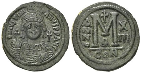 Justinian I (527-565); AE 40 Nummi (g 22.93; mm 38; h 6). Constantinople, year 13 (AD 539/40). Helmeted and cuirassed facing bust, holding globus cruciger and shield with horseman; Rv. Large M, date across fields, A/CON. MIBE 95a;