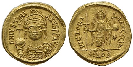 Justinian I (527-565); AV Solidus (g 4,47; mm 20; h 6); Carthage, year 11 (AD 547/8); Helmeted and cuirassed bust facing, holding globus cruciger and shield decorated with soldier on horseback riding r.; Rv. Angel standing facing,