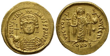 Justinian I (527-565); AV Solidus (g 4,47; mm 20; h 6); Carthage, year 11 (AD 547/8); Helmeted and cuirassed bust facing, holding globus cruciger and shield decorated with soldier on horseback riding r.; Rv. Angel standing facing,