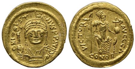 Justin II (565-578); AV Solidus (g 4,52; mm 20; h 6); Constantinople. Diademed, helmeted and cuirassed bust facing, holding globe surmounted by Victory and shield. R/ Constantinopolis seated facing on throne, head r., holding spea