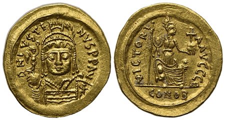 Justin II (565-578); AV Solidus (g 4,46; mm 19; h 6); Constantinople. Diademed, helmeted and cuirassed bust facing, holding globe surmounted by Victory and shield. R/ Constantinopolis seated facing on throne, head r., holding spea