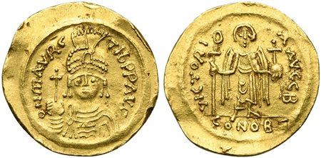 Maurice Tiberius (582-602); AV Solidus (g 4,42; mm 22; h 6); Constantinople, 583/4-602; Helmeted, draped and cuirassed bust facing, holding globus cruciger; Rv. Angel standing facing, holding staff terminating in staurogram and gl
