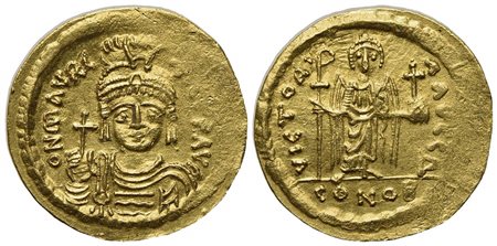 Maurice Tiberius (582-602); AV Solidus (g 4,45; mm 21,5; h 6); Constantinople, 583/4-602; Helmeted, draped and cuirassed bust facing, holding globus cruciger; Rv. Angel standing facing, holding staff terminating in staurogram and 
