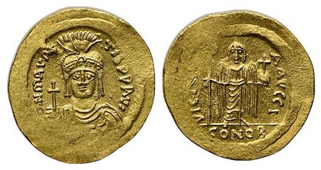Maurice Tiberius (582-602); AV Solidus (g 4,51; mm 21; h 7); Constantinople, 583/4-602. Helmeted, draped and cuirassed bust facing, holding globus cruciger; Rv. Angel standing facing, holding staff terminating in staurogram and gl