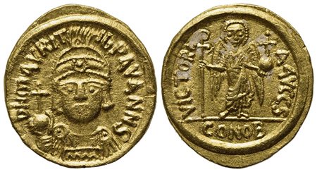 Maurice Tiberius (582-602); AV Solidus (g 4,46; mm 19; h 6); Carthage, year 6 (587/8); Helmeted, draped and cuirassed bust facing, holding globus cruciger; Rv. Angel standing facing, holding staff terminating in staurogram and glo