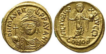 Maurice Tiberius (582-602); AV Solidus (g 4,41; mm 19,5; h 6); Carthage, year 10 (591/2); Helmeted, draped and cuirassed bust facing, holding globus cruciger; Rv. Angel standing facing, holding staff terminating in staurogram and 