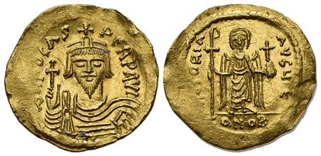 Phocas (602-610); AV Solidus (g 4,48; mm 22; h 6); Constantinople, 607-610; Crowned, draped and cuirassed bust facing, holding globus cruciger; Rv. Angel standing facing, holding long staff surmounted by staurogram and globus cruc