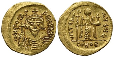 Phocas (602-610); AV Solidus (g 4,41; mm 21; h 6); Constantinople, 607-610; Crowned, draped and cuirassed bust facing, holding globus cruciger; Rv. Angel standing facing, holding long staff surmounted by staurogram and globus cruc